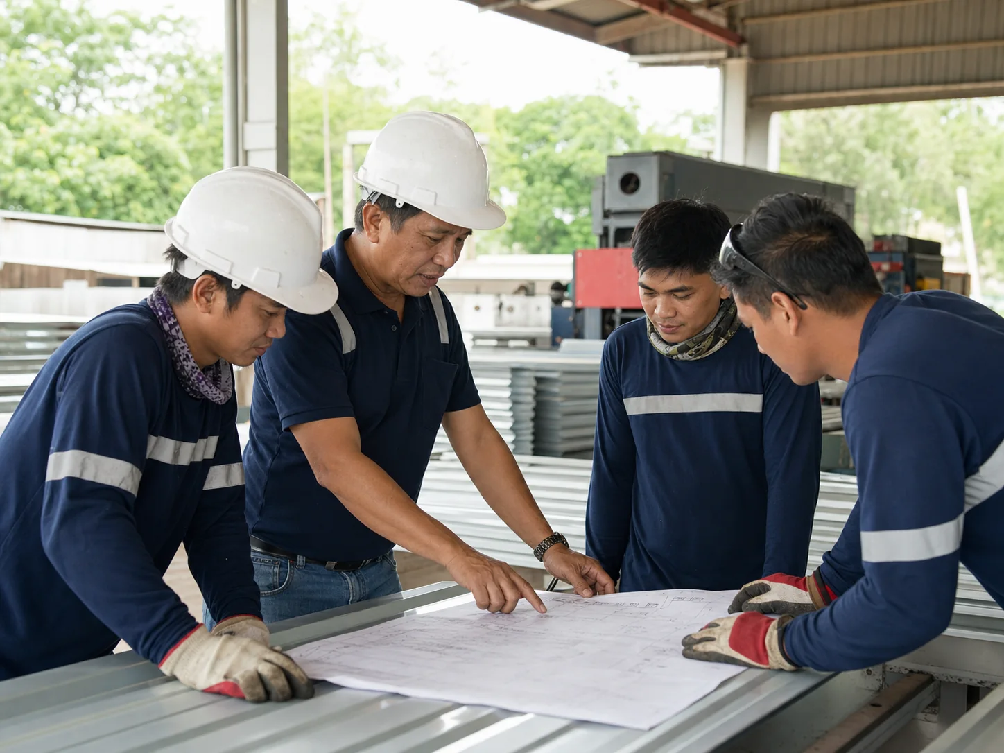 A and G roofing crew reviewing project plans
