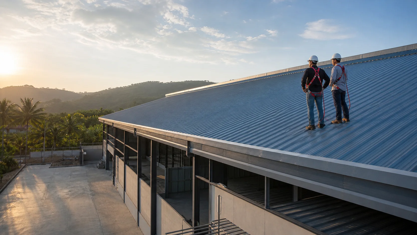 Steel framing and completed long-span warehouse roof