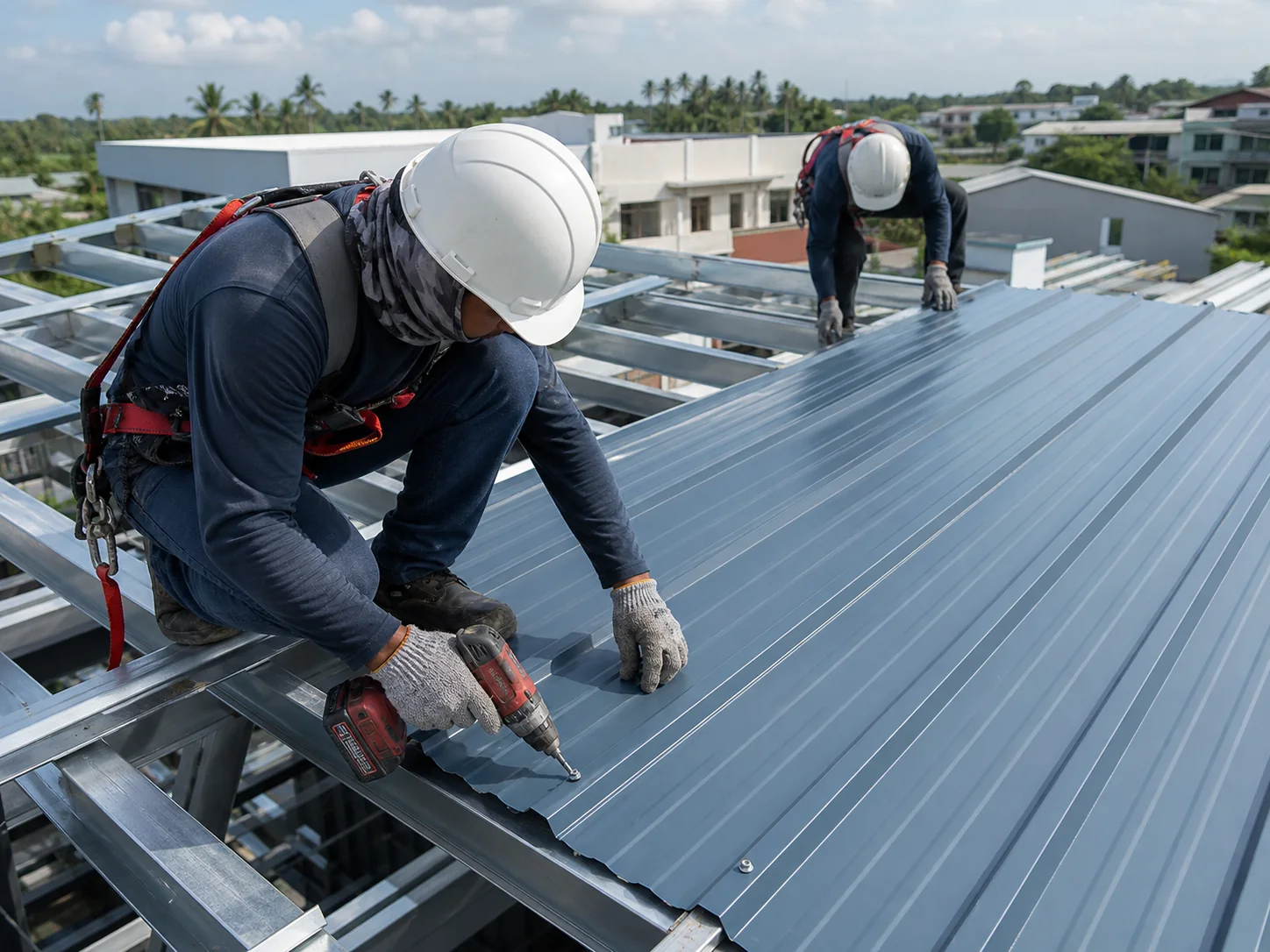 Steel roof installer fastening a long-span panel